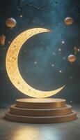 3D-rendered crescent moon podium with floating lanterns. photo