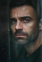 Sad man looking through rainy window during a gloomy day photo