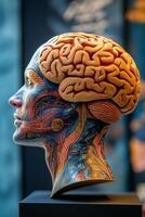 Anatomical sculpture model showing a brain and neck muscles photo
