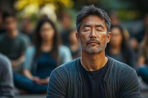 Tranquil Asian man meditating with closed eyes during yoga class photo