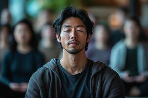 An Asian man meditating with closed eyes during yoga class photo