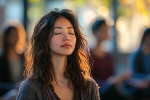 Asian man meditating with closed eyes while in yoga class photo