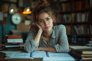 Young Woman Studying in Cozy Library Setting photo