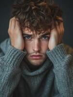 Intense Expression of a Thoughtful Young Man photo