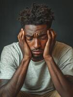 Young Man Expressing Deep Contemplation and Stress photo