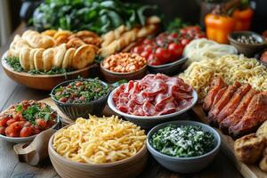 Italian buffet offering various pasta dishes, cured meat, vegetables and focaccia photo