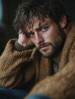 Thoughtful Man in Cozy Wool Sweater Indoors photo