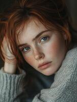 Thoughtful Young Woman with Freckles in Cozy Sweater photo