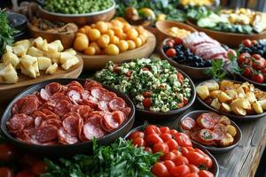 Catering service preparing a rich buffet with many italian cured meat and vegetables photo