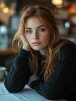 Young Woman Relaxing in a Cozy Cafe Setting photo