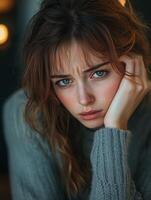 Young Woman Expressing Deep Contemplation and Emotion photo