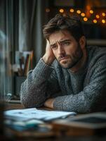 Thoughtful Man Contemplating by Window in Cozy Setting photo