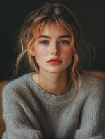Portrait of Young Woman with Freckles and Gray Sweater Posing Indoors photo