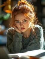 Young student looking stressed while studying a book photo