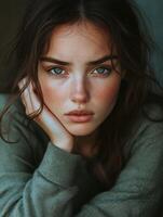 Young woman with freckles posing with serious expression photo