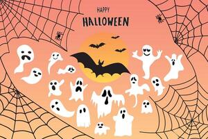 Cute autumn backgrounds with ghosts, spider web, bats. Colorful template for social media post, flyer, postcard design. vector