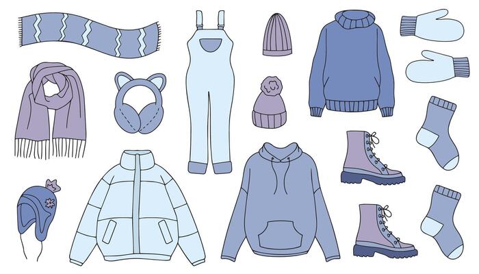 collection of warm autumn-winter clothes in doodle style. collection of warm, cozy clothes and shoes. Seasonal design elements. Knitted accessories.
