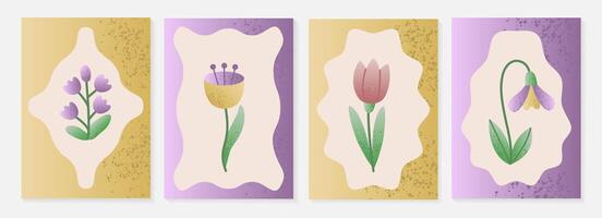 Set of abstract floral illustrations with soft pastel colors and textured backgrounds, featuring unique flower designs. Perfect for greeting cards, posters, or decorative projects. vector