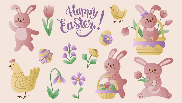 Cute Easter illustration set with bunnies, flowers, eggs, and chickens in pastel colors, perfect for spring-themed designs, holiday decorations, and festive projects.