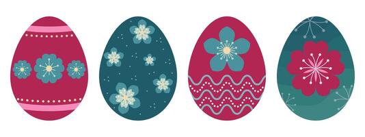 Cute Red Green Color Easter Eggs With Flower Pattern vector