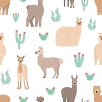 Seamless pattern with adorable llamas hand drawn on white background. Backdrop with funny wild Andean animals and cactuses. Childish flat cartoon illustration for wrapping paper, textile print vector