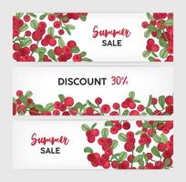 Collection of horizontal banner templates with lingonberries hand drawn on white background and place for text. Natural realistic illustration for summer sale promotion or advertisement vector