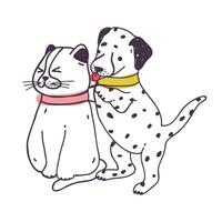 Amusing dog annoying cat. Playful naughty Dalmatian puppy irritating and bothering kitten isolated on white background. Bad behavior of domestic animal or pet. Colorful hand drawn illustration vector