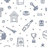 Seamless pattern with items for dogs drawn with contour lines on on white background. Monochrome illustration in modern lineart style for fabric print, wrapping paper, backdrop, wallpaper vector