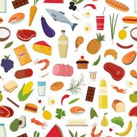 Seamless pattern with grocery food on on white background - fruits, vegetables, milk or dairy products, fish, meat. Colorful illustration in flat style for wrapping paper, fabric print vector