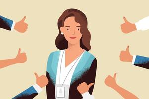 Smiling happy young woman surrounded by hands with thumbs up. Concept of public approval, acknowledgment, recognition, acceptance and appreciation. Colorful illustration in flat cartoon style vector