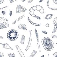 Monochrome seamless pattern with food pieces. Backdrop with vegetables and seafood hand drawn with contour lines on white background. Realistic illustration for fabric print, wallpaper vector