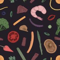 Colored seamless pattern with food pieces. Backdrop with vegetables and seafood hand drawn with contour lines on black background. Realistic illustration for fabric print, wallpaper. vector
