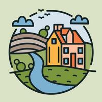 Circular logotype with farmhouse, hills covered with cultivated fields and river drawn in lineart style. Round logo with rural landscape isolated on light background. Modern illustration vector