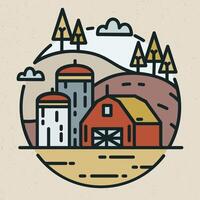 Modern logotype with countryside landscape and farm building with silos for grain storage drawn in linear style. Round logo with farmland isolated on light background. Creative illustration vector