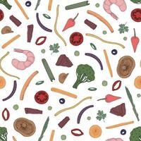 Colorful seamless pattern with sliced food. Backdrop with ingredients for Asian wok meals on black background. Elegant realistic illustration for textile print, wallpaper, wrapping paper vector