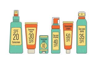 Bundle of SPF sun protection cosmetics in various package isolated on white background. Collection of packaging for sunscreen. Set of tan products in bottles and tubes. Colorful illustration vector