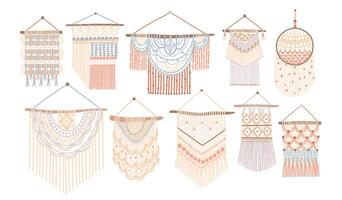 Collection of macrame wall hangings. Bundle of elegant handmade home decorations made of cotton cord isolated on white background. Colorful hand drawn illustration in flat cartoon style vector
