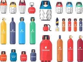 Collection of industrial compressed gas cylinders or tanks of various size and color isolated on white background. Bundle of different pressure vessels. Colorful illustration in flat style vector
