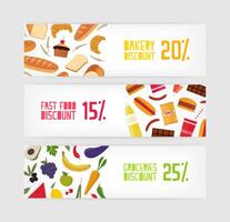 Bundle of horizontal banner templates with bakery, fast food or snacks and grocery products discount on white background. Colorful illustration for store sale promotion, advertisement vector