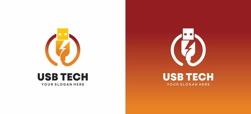 Cable usb plug logo design in circle with electricity icon. Universal serial bus cable
