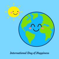 International day of happiness template with happy earth and sun illustration vector
