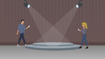 Two people standing on stage with spotlight lights video
