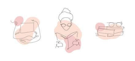 Boho clip art design elements with continuous one line drawing. Minimalist modern illustration with book, glasses on books, girls holding book line art. vector