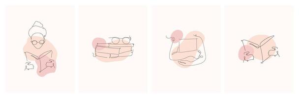 Set of boho posters with continuous one line drawing design elements. Minimalist modern background with book, glasses on books, girls holding book line art. vector