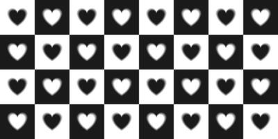 Checkerboard love seamless pattern. Black and white blurry gradient hearts with aura glow effect. Romantic background 2000s for wallpaper, fabric, print design, textile, wrapping paper vector
