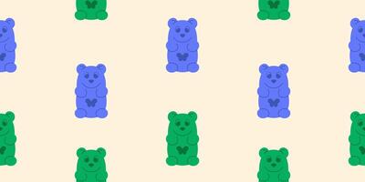 Seamless pattern of blue and green gummy bears on a beige background. Minimal candy print design with doodle bear character for fabric, textile, wrapping paper, cover, backdrop, wallpaper. vector