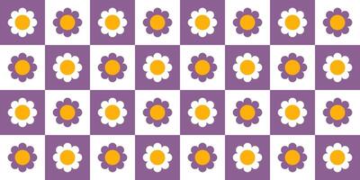 Checkered seamless pattern with daisy flower. Floral design background with purple and white squares for textile, wrapping paper, fabric, cover, wallpaper, backdrop, print. vector