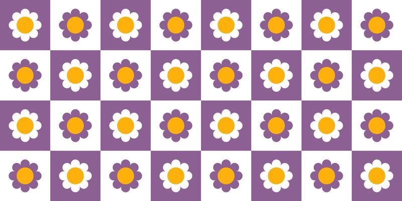 Checkered seamless pattern with daisy flower. Floral design background with purple and white squares for textile, wrapping paper, fabric, cover, wallpaper, backdrop, print.