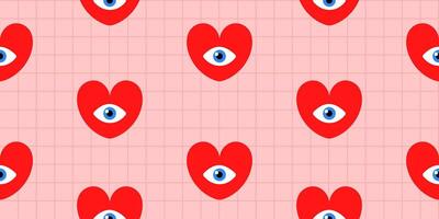 Red heart with open eye inside seamless pattern. Retro magic design in y2k style. Esoteric squared illustration for textile, background, wrapping paper, fabric, wallpaper, cover vector