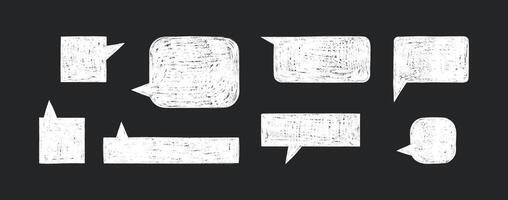 Chalk chat messages collection. Crayon rectangular dialogue clouds in white color, grunge speech bubbles. vector